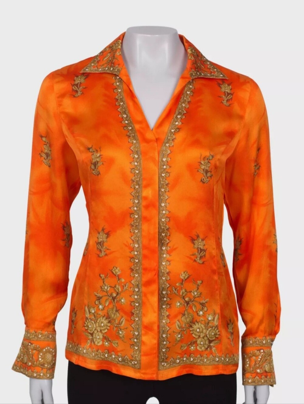 ESCADA Vintage Orange 100%  Silk V-Neck Blouse Top Size 36/S